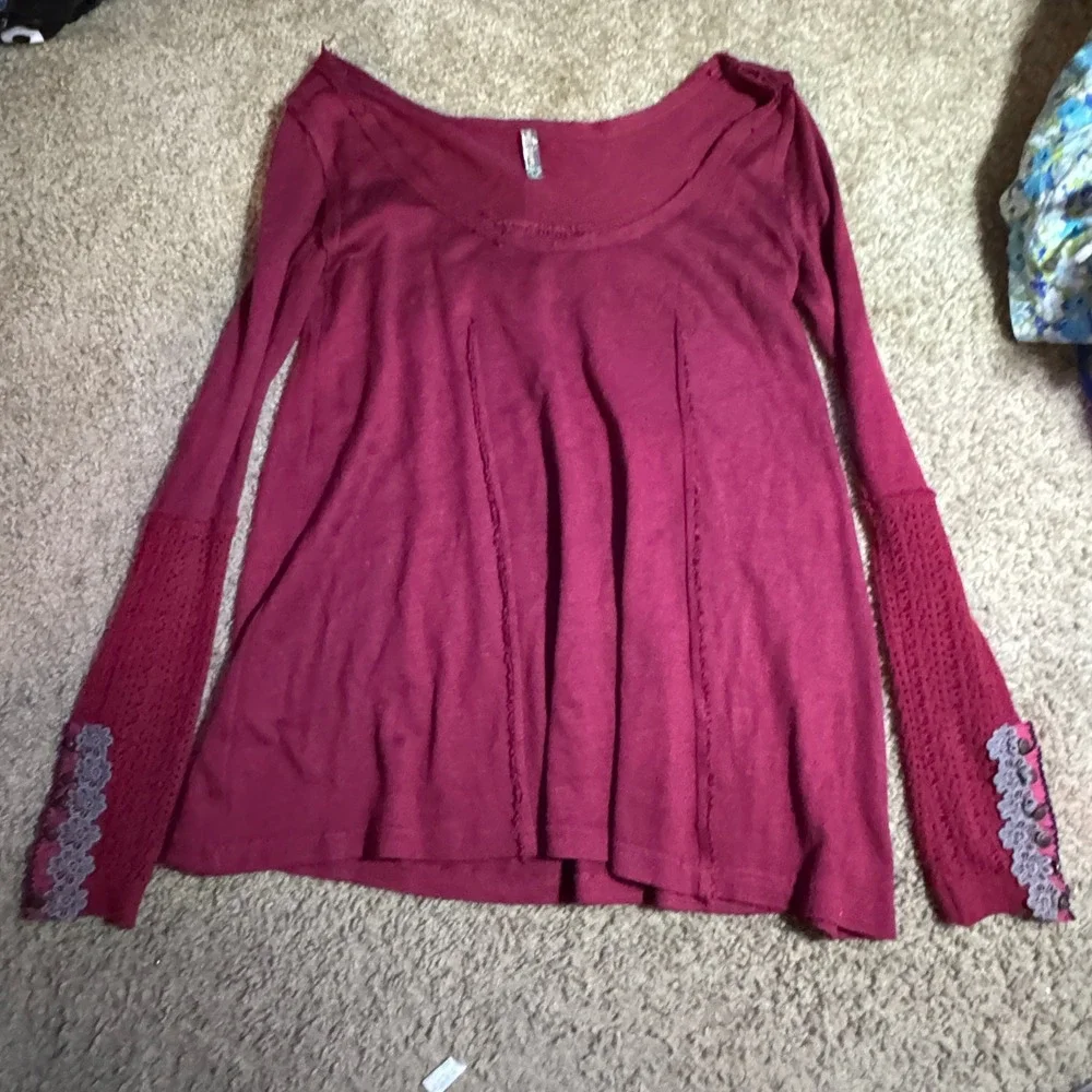 Free People Berry Wine Crochet Lace Trim Thermal Top Long Sleeve Women Medium